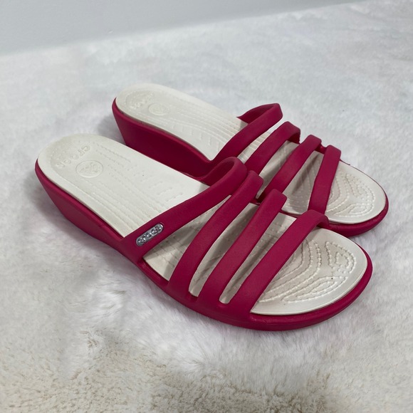Crocs Rhonda Women's Pink Wedge Sandals Slides Flip Flops Size 7 - Picture 2 of 10